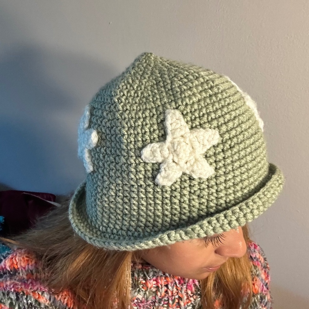 Handmade Sage Green Crochet Bucket Hat w/ White Flowers